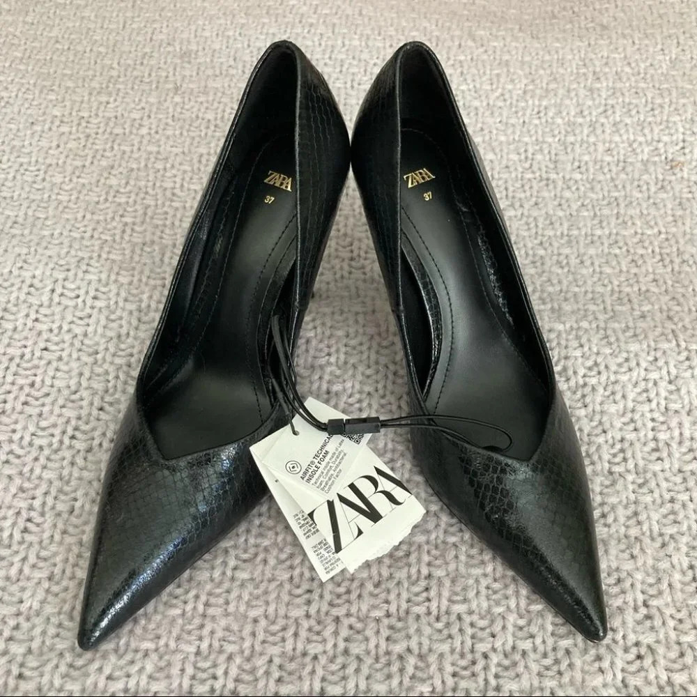 ZARA Sz 37 Animal Croc Pattern Print 3.5” Heel Pointy Toe Cap Pumps Shoes